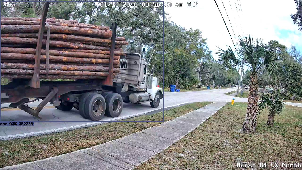 Dump truck captured on security camera heading north
